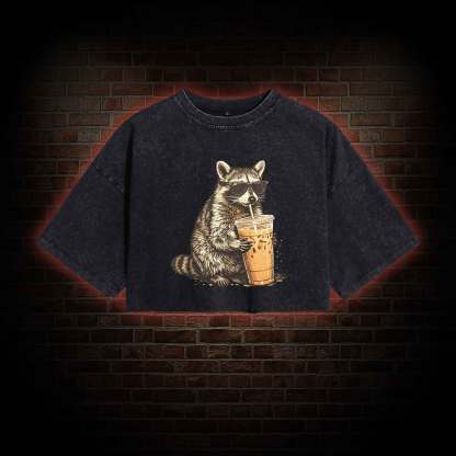 Raccoon Drinking Iced Coffee Washed Cropped T-shirts