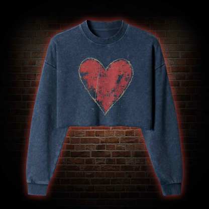 Distressed Heart Washed Cropped Sweatshirts
