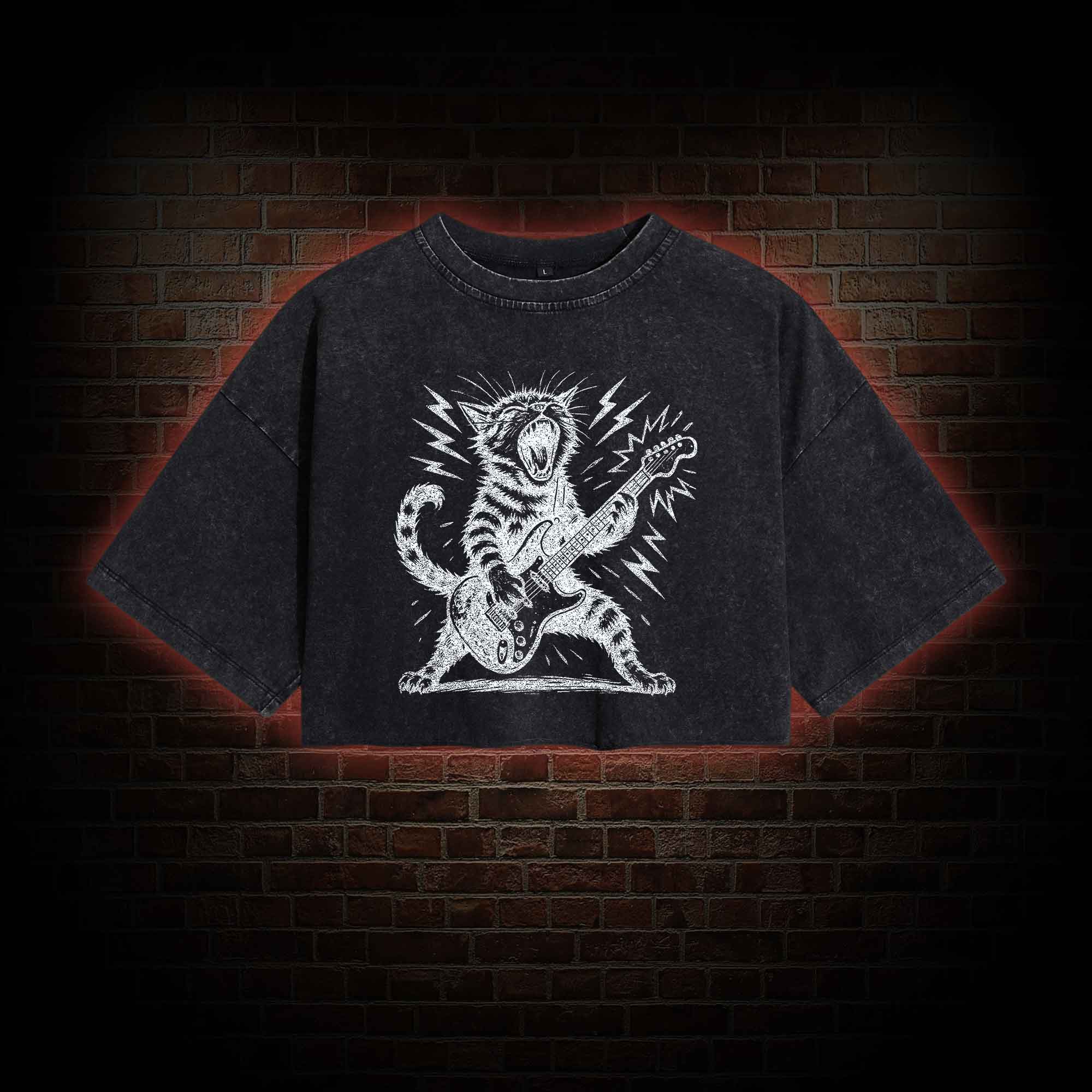 Rock and Roll Cat Washed Cropped T-shirts