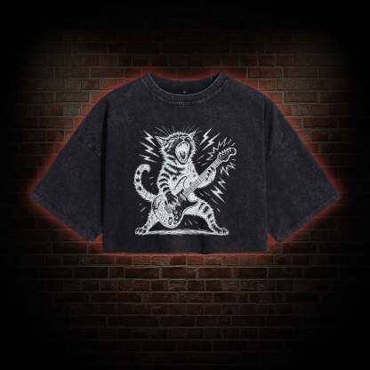 Rock and Roll Cat Washed Cropped T-shirts
