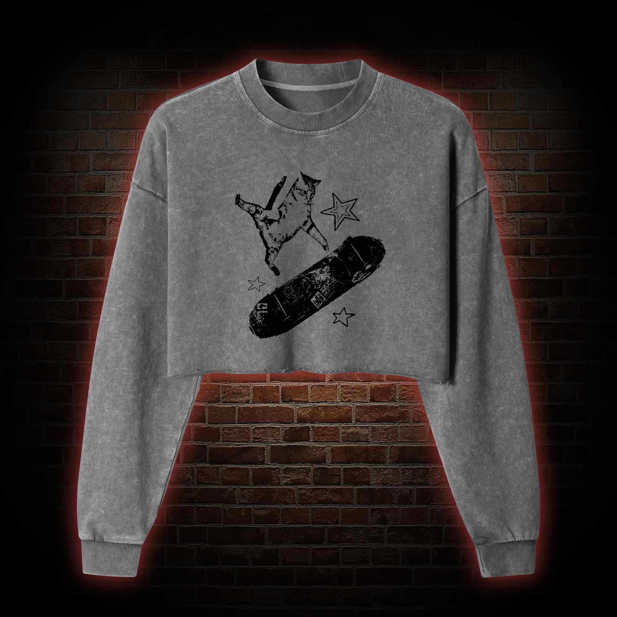 Skateboard Cat Washed Cropped Sweatshirts