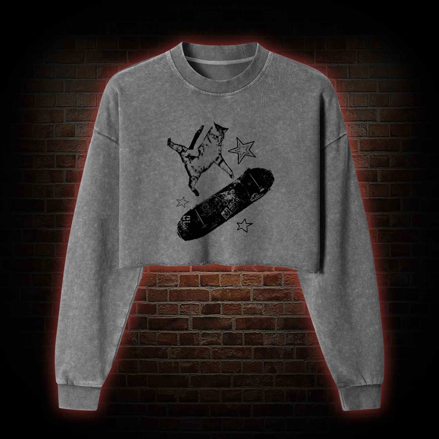 Skateboard Cat Washed Cropped Sweatshirts