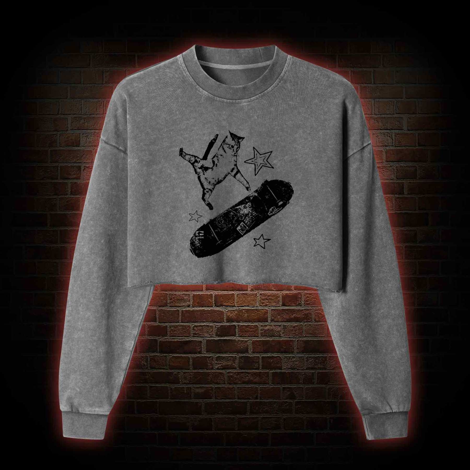 Skateboard Cat Washed Cropped Sweatshirts