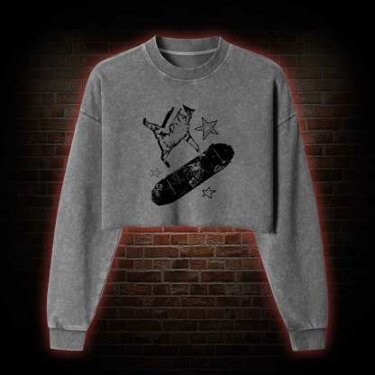 Skateboard Cat Washed Cropped Sweatshirts