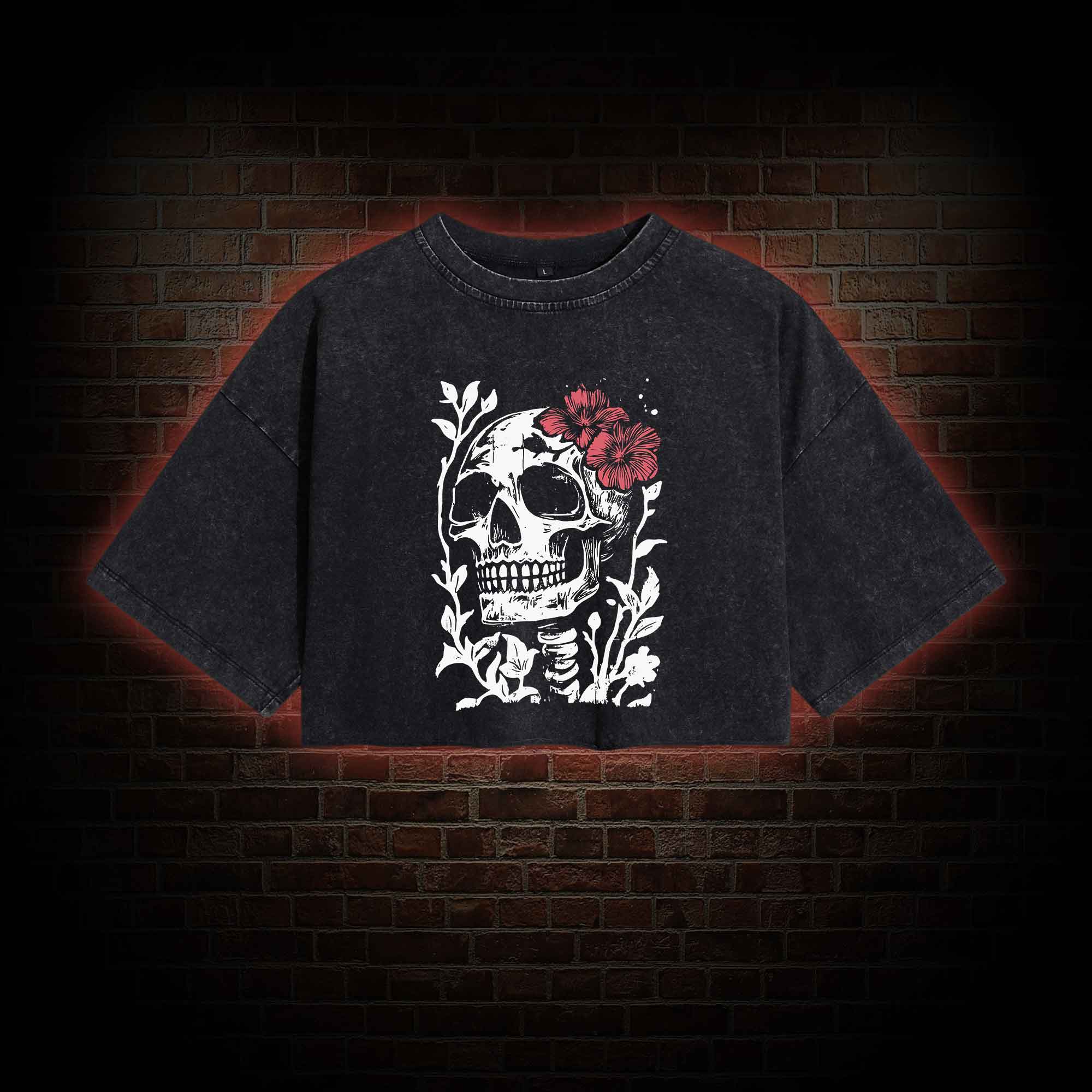 Flower Skull Washed Cropped T-shirts