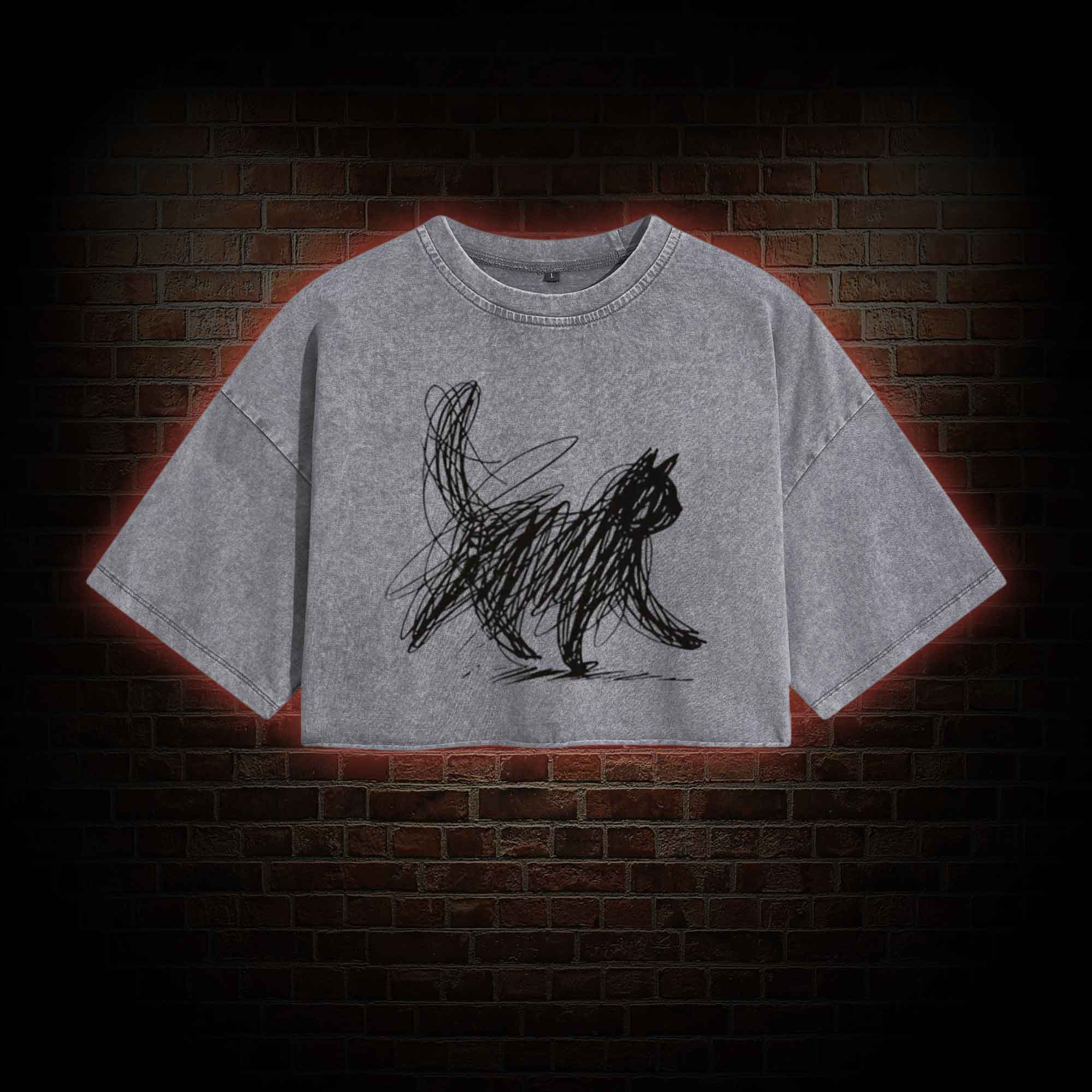Cat Line Art Washed Cropped T-shirts