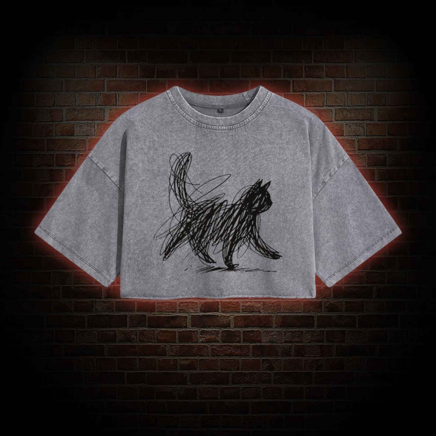 Cat Line Art Washed Cropped T-shirts