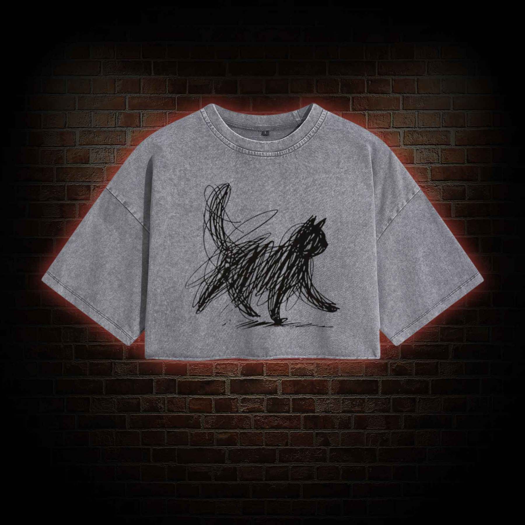 Cat Line Art Washed Cropped T-shirts