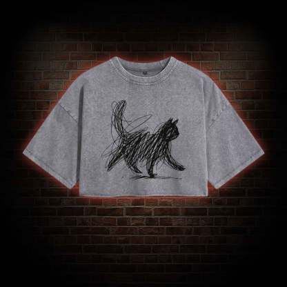 Cat Line Art Washed Cropped T-shirts