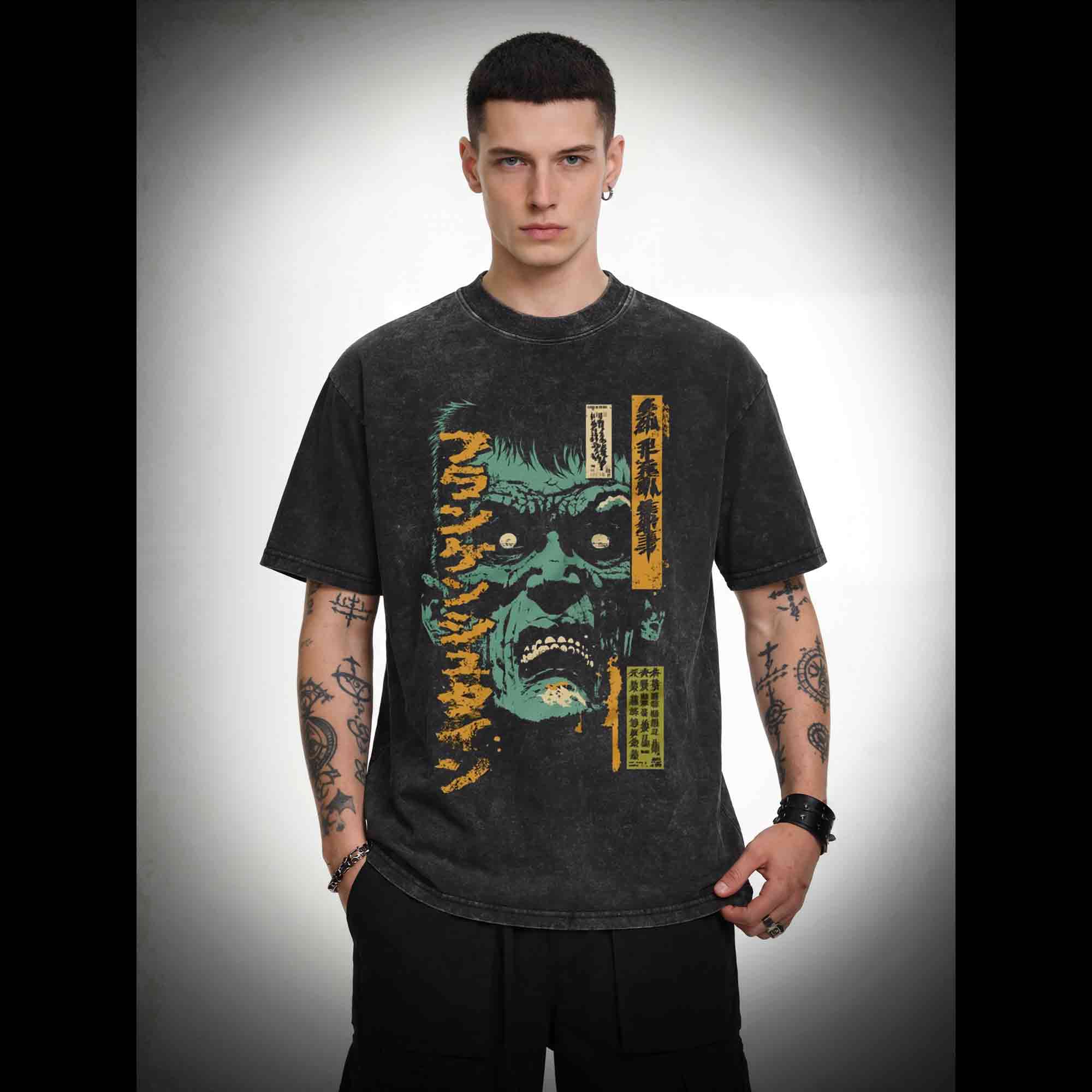 Frankenstein Retro Manga Monster Washed T-shirt