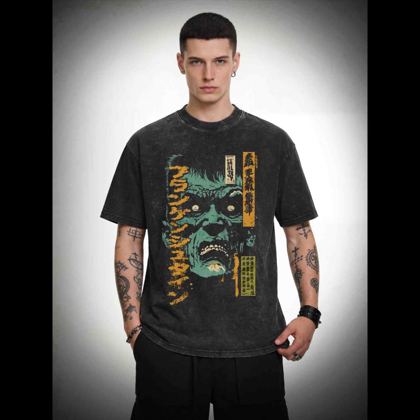 Frankenstein Retro Manga Monster Washed T-shirt