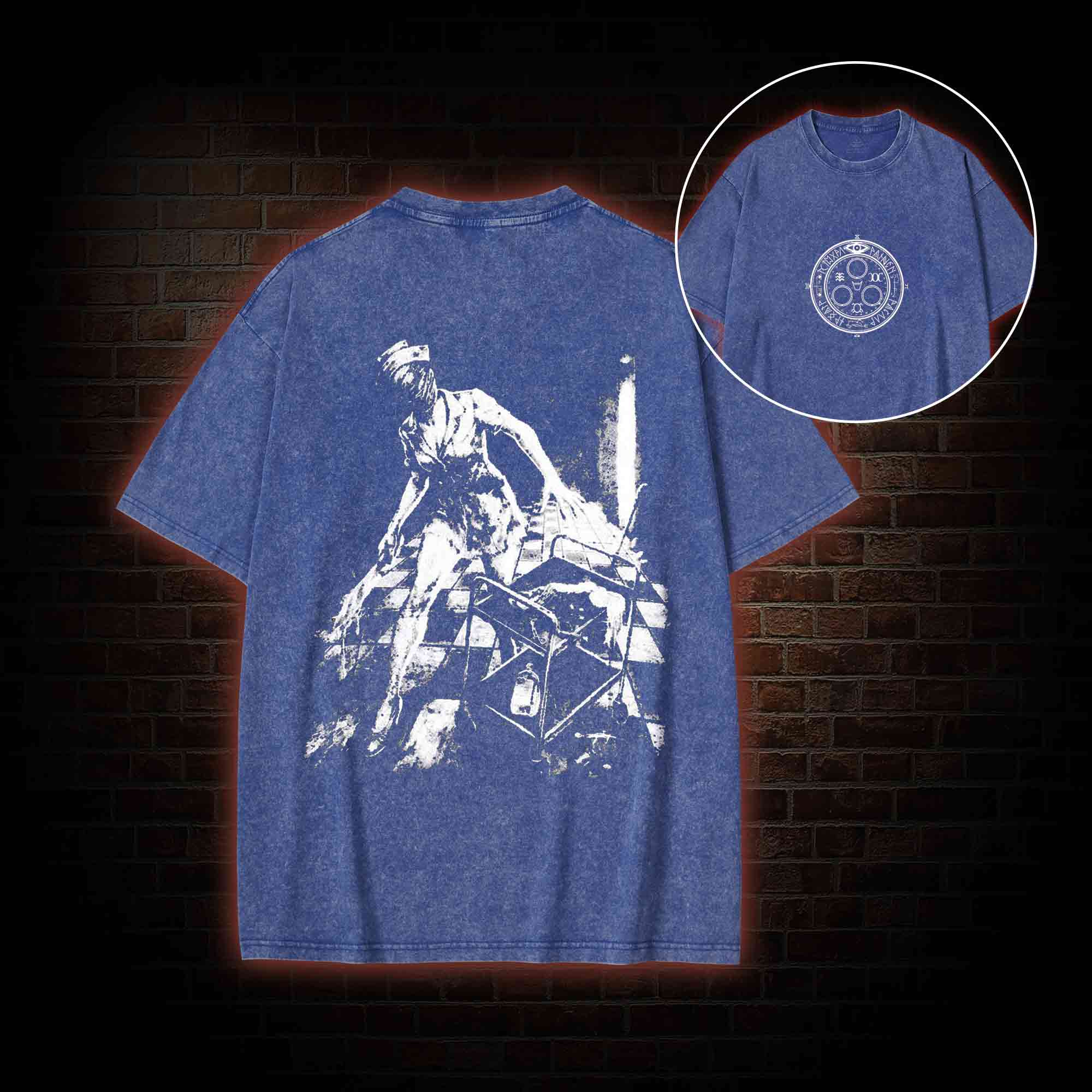 Retro Hello Nurse Back Print Washed T-shirt