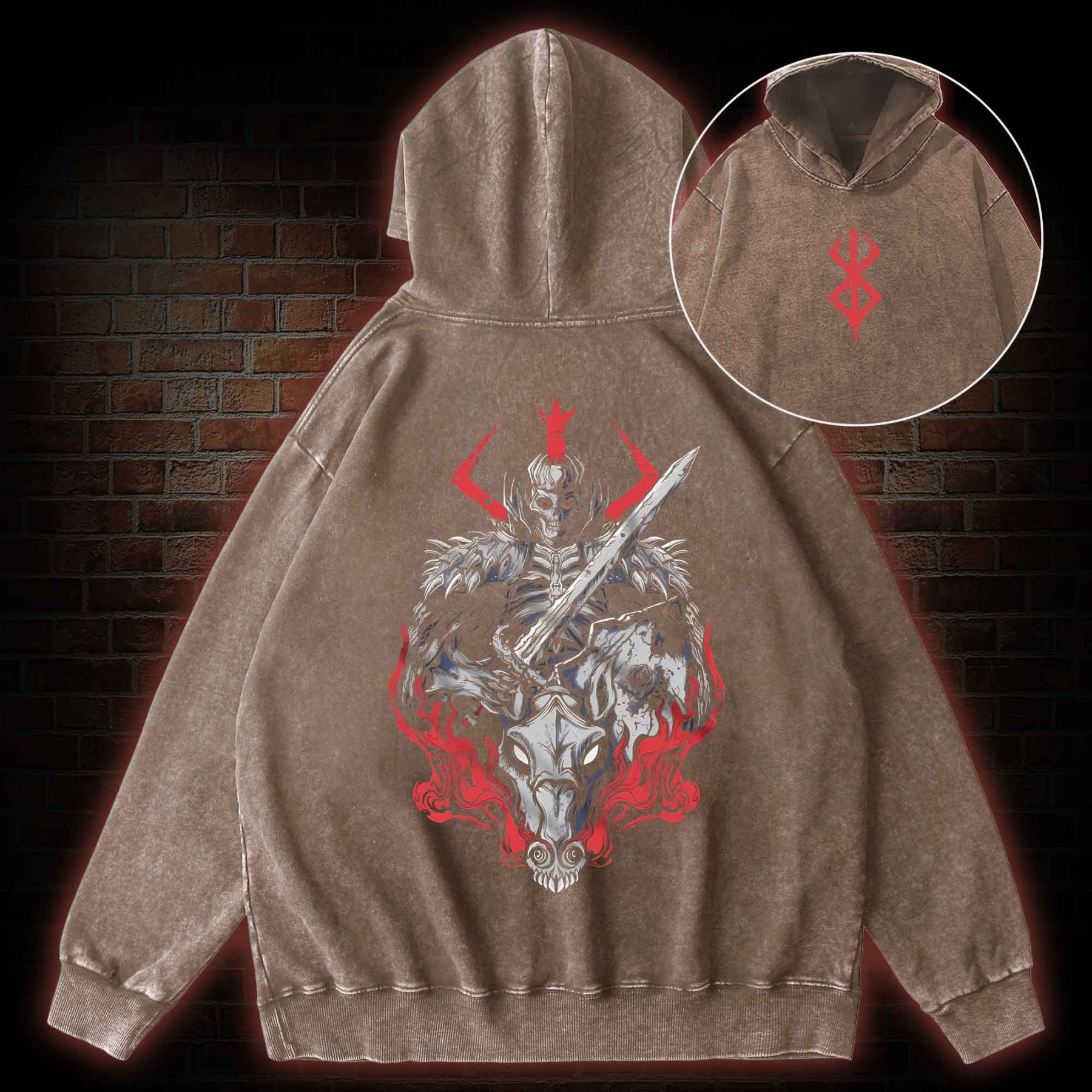 Skull Knight Back Print Back Print Washed Hoodie