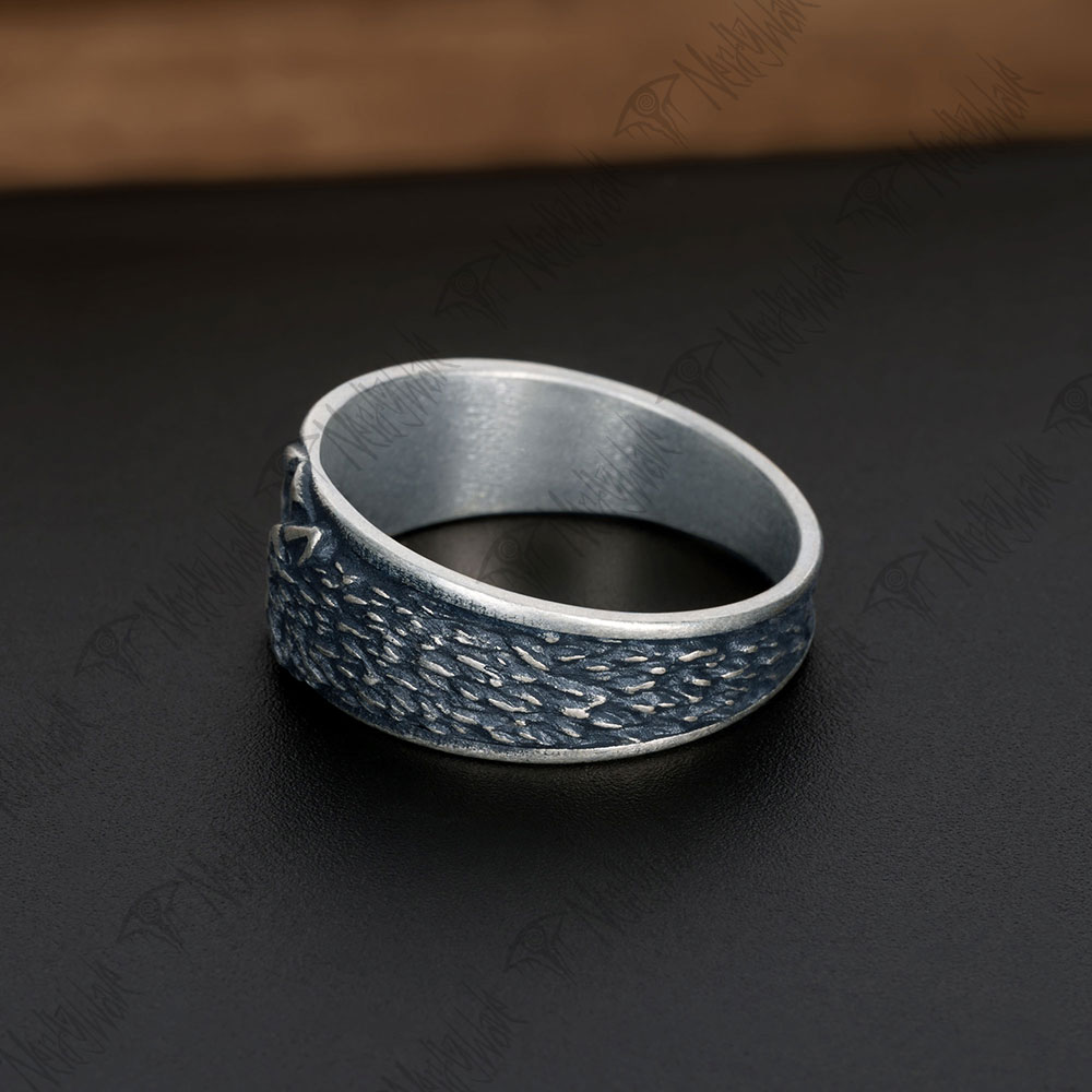 Wolf and Moon Silver Band Ring