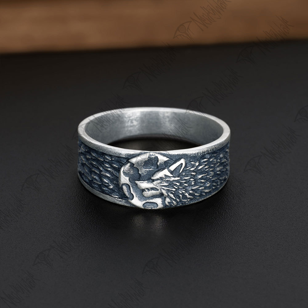 Wolf and Moon Silver Band Ring