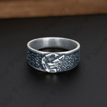 Wolf and Moon Silver Band Ring