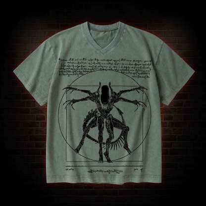 Alien V-Neck Streetwear Washed T-shirt