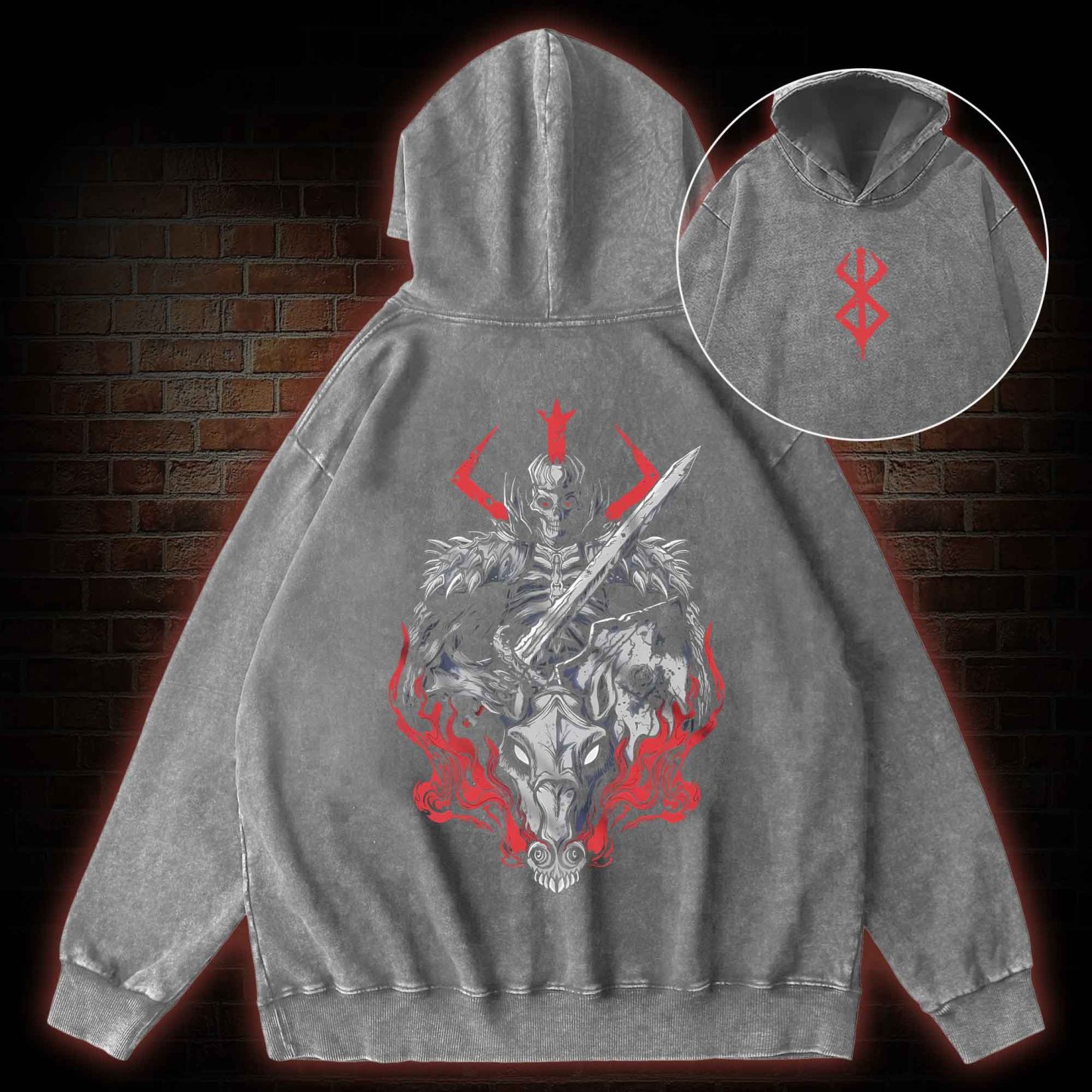 Skull Knight Back Print Back Print Washed Hoodie