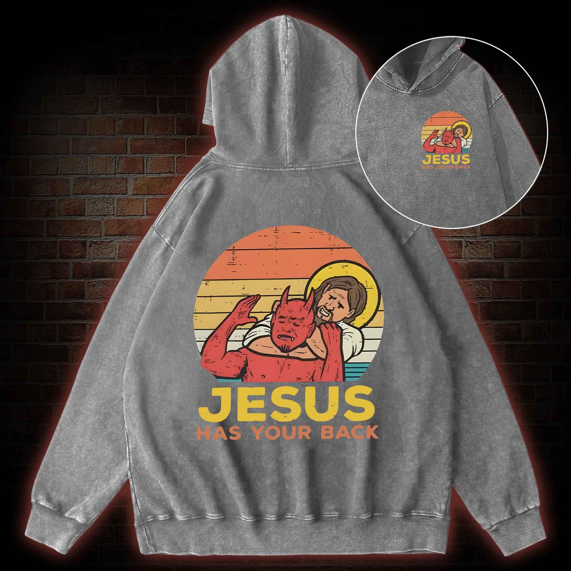 Jesus Has Your Back Back Print Washed Hoodie