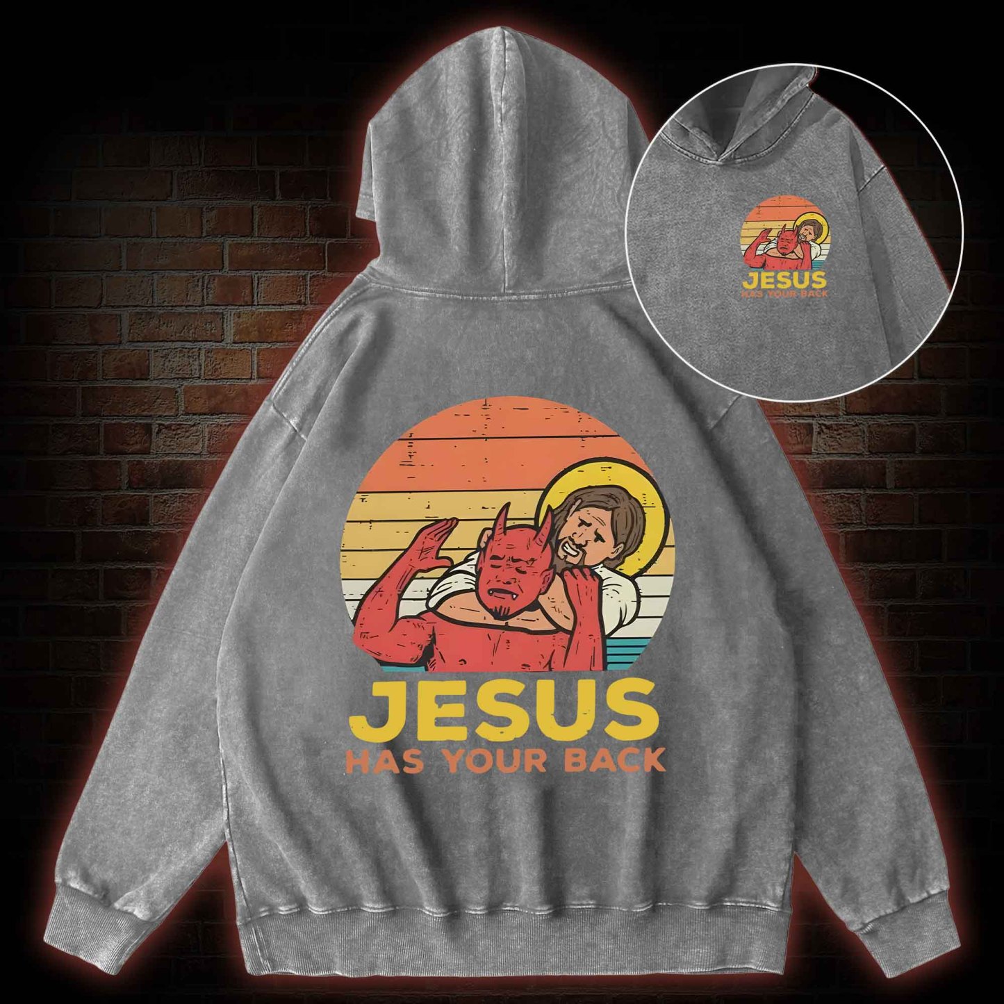 Jesus Has Your Back Back Print Washed Hoodie