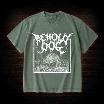 Behold Dog V-Neck Streetwear Washed T-shirt