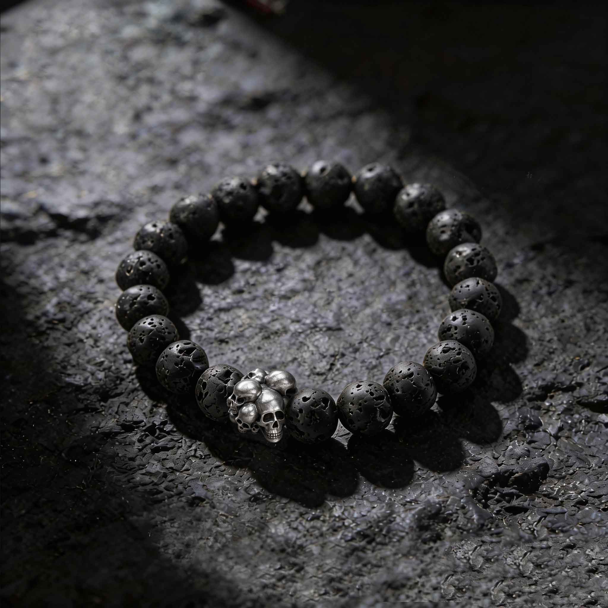Vintage Skull Lava Stone Beaded Bracelet