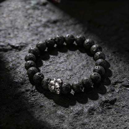 Vintage Skull Lava Stone Beaded Bracelet
