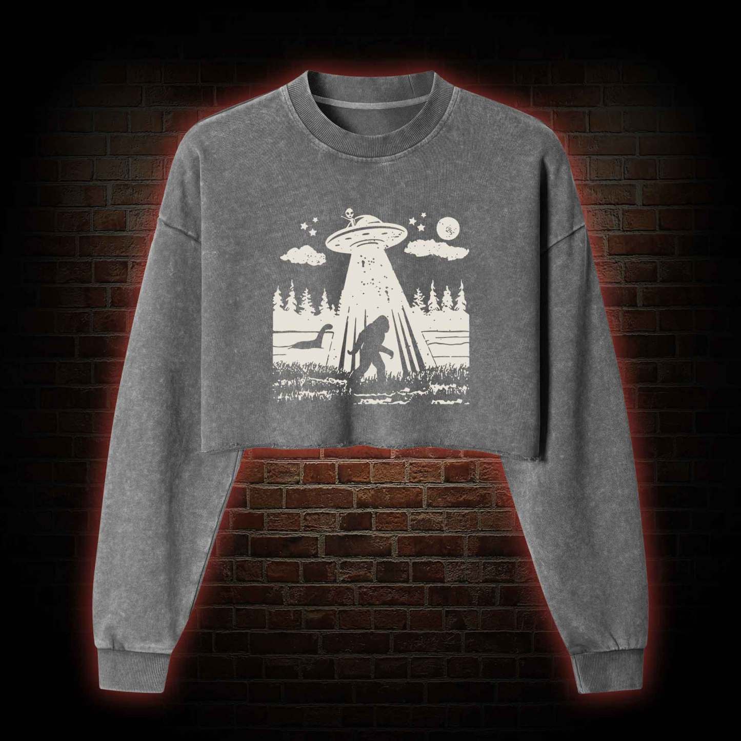 Bigfoot Sasquatch Alien UFO Loch Ness Monster Washed Cropped Sweatshirts