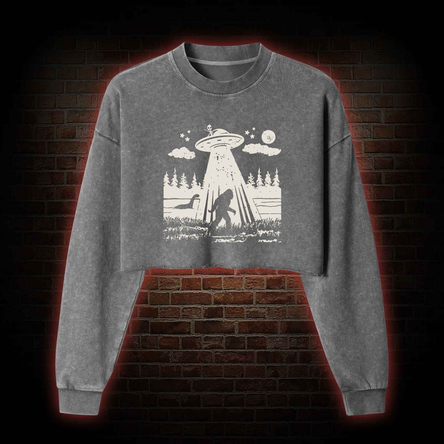 Bigfoot Sasquatch Alien UFO Loch Ness Monster Washed Cropped Sweatshirts