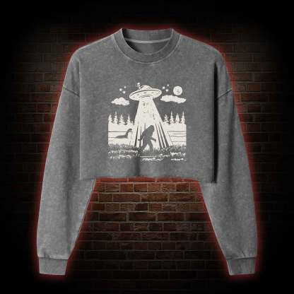 Bigfoot Sasquatch Alien UFO Loch Ness Monster Washed Cropped Sweatshirts