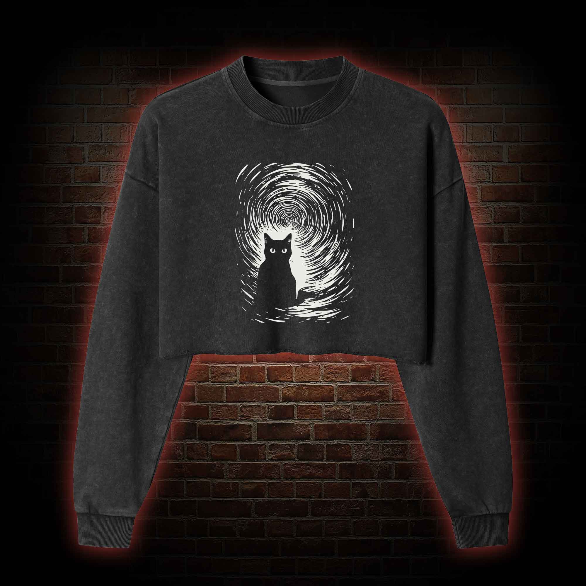Retro Black Cat Washed Cropped Sweatshirts