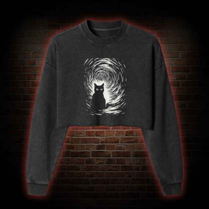 Retro Black Cat Washed Cropped Sweatshirts