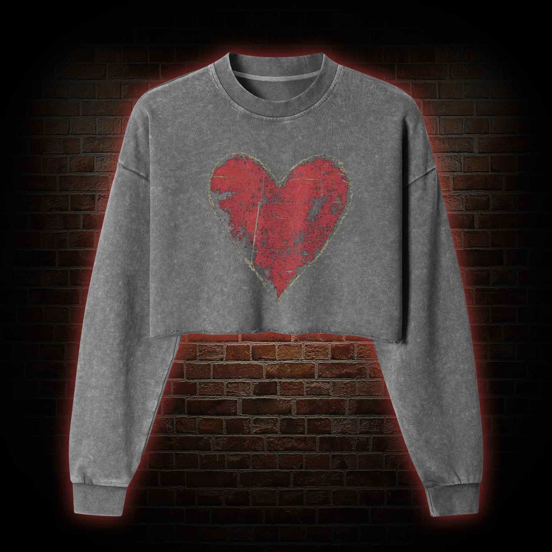 Distressed Heart Washed Cropped Sweatshirts