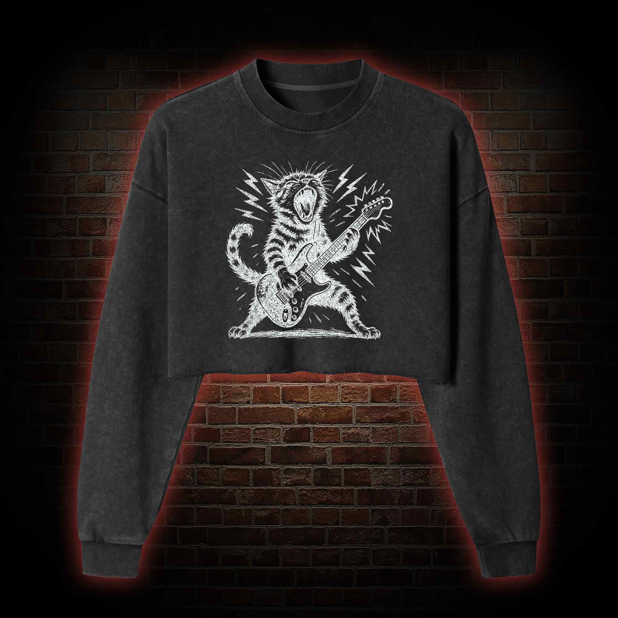 Rock and Roll Cat Washed Cropped Sweatshirts