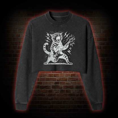Rock and Roll Cat Washed Cropped Sweatshirts