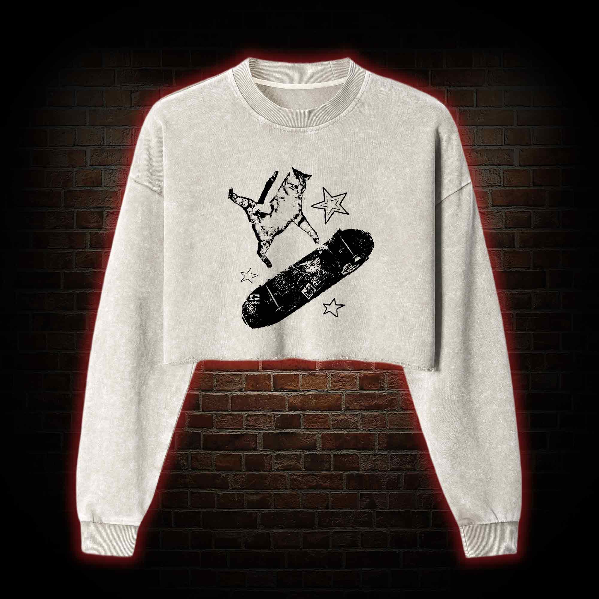 Skateboard Cat Washed Cropped Sweatshirts
