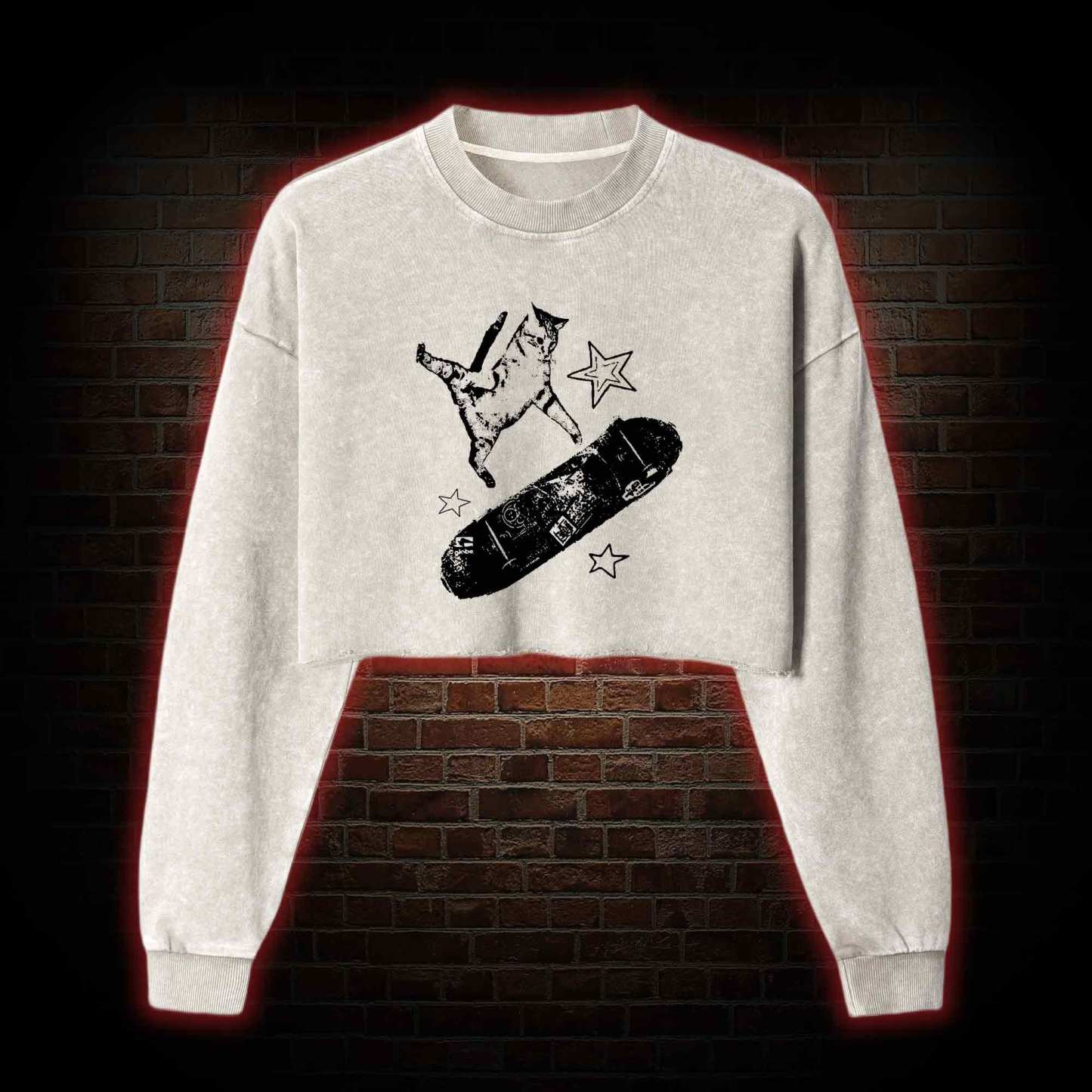Skateboard Cat Washed Cropped Sweatshirts