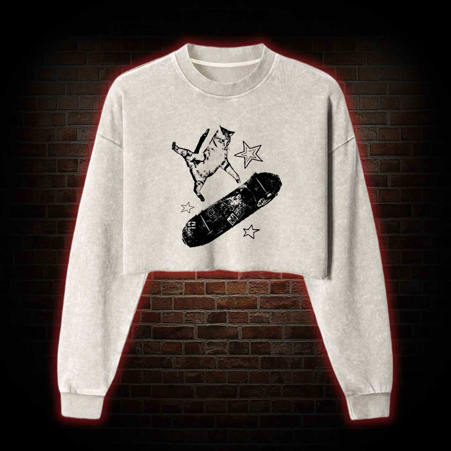 Skateboard Cat Washed Cropped Sweatshirts