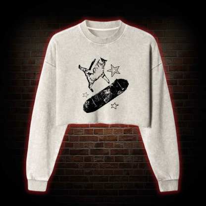Skateboard Cat Washed Cropped Sweatshirts