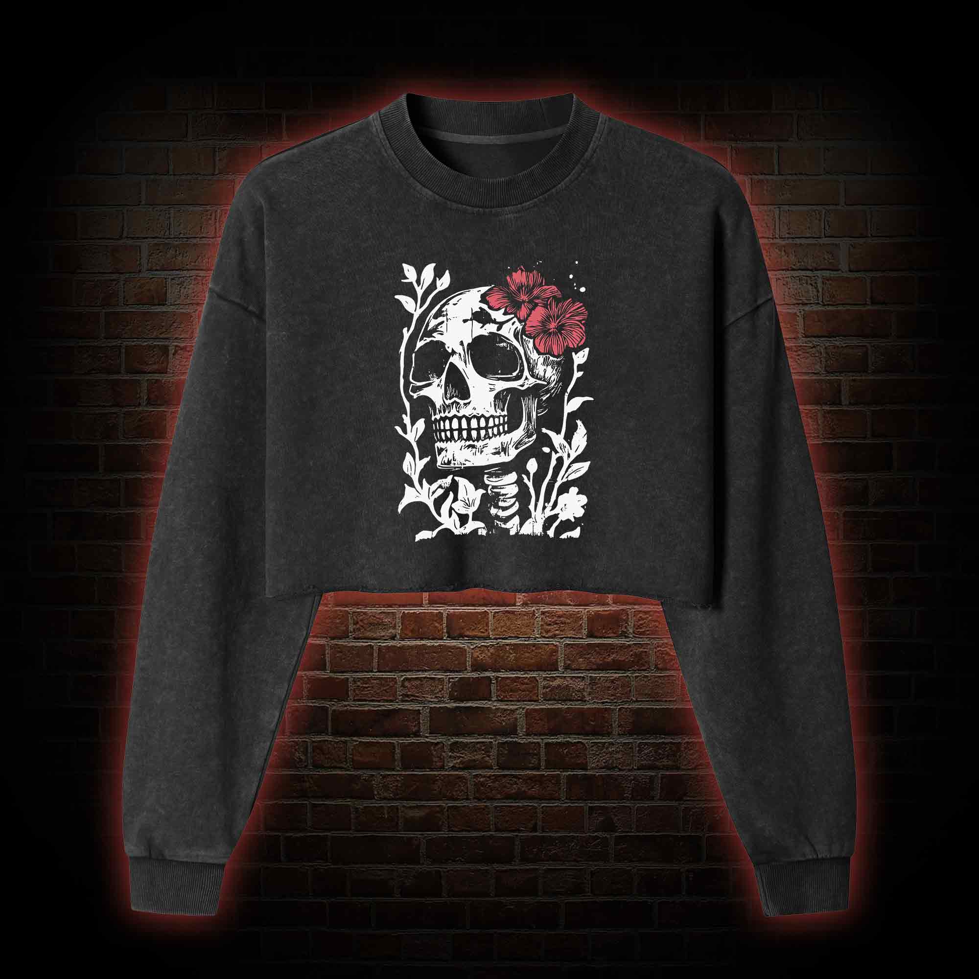Flower Skull Washed Cropped Sweatshirts