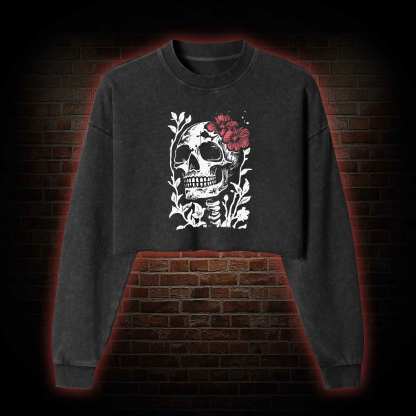 Flower Skull Washed Cropped Sweatshirts