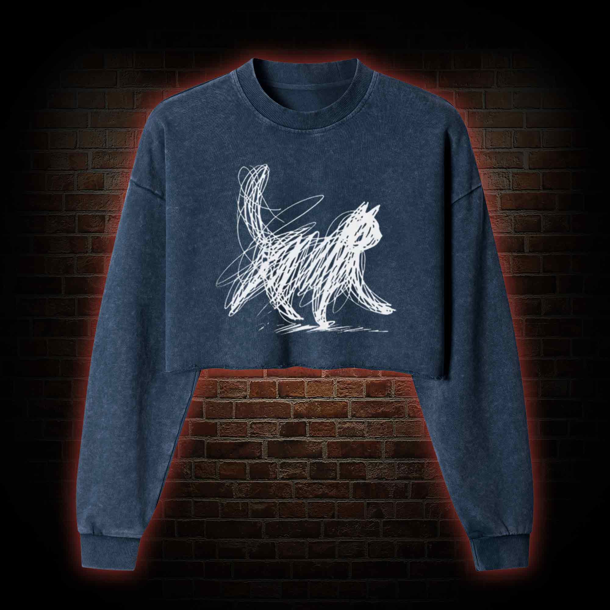 Cat Line Art Washed Cropped Sweatshirts