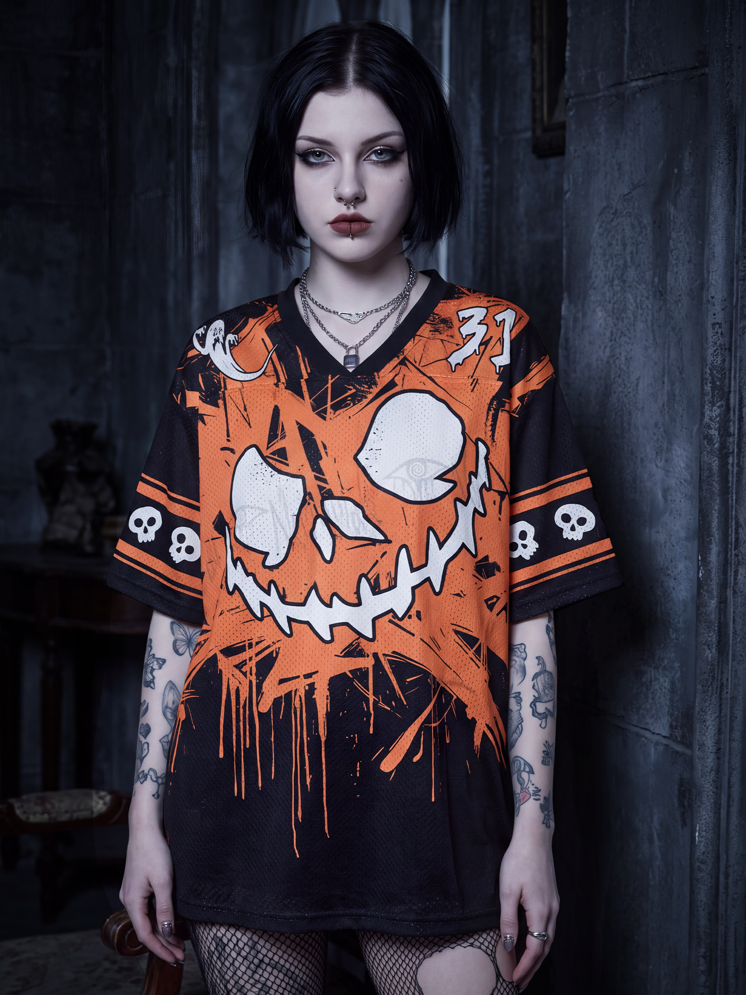 Broken Pumpkin Face Mesh Jersey