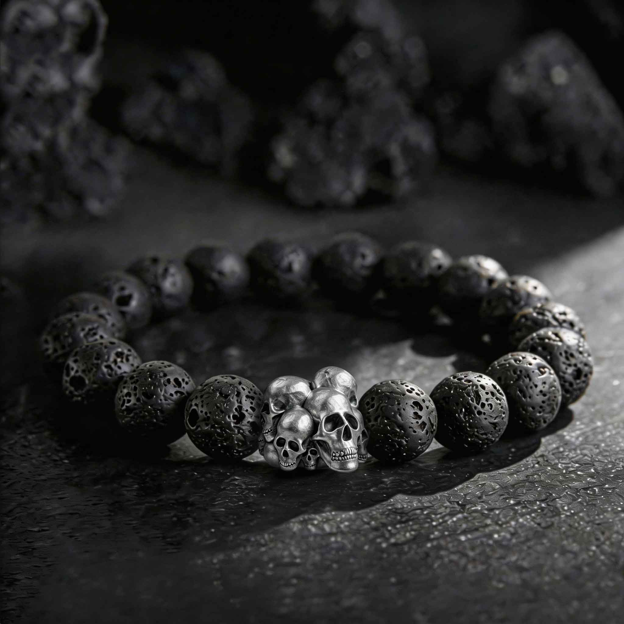 Vintage Skull Lava Stone Beaded Bracelet