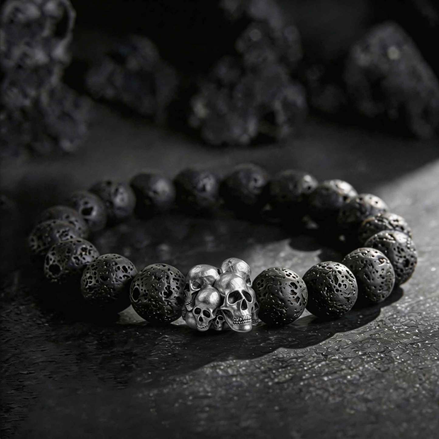 Vintage Skull Lava Stone Beaded Bracelet