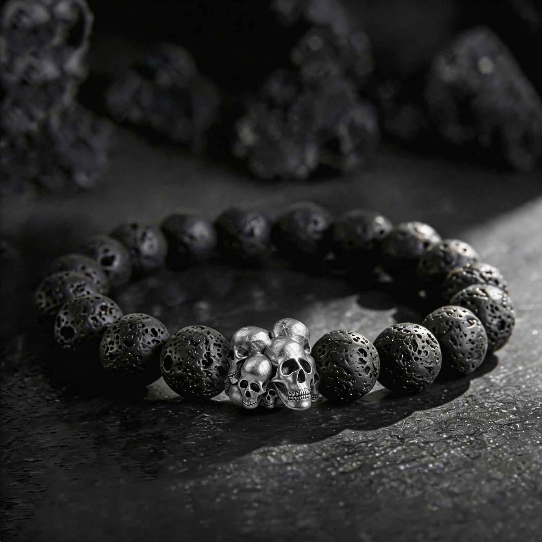 Vintage Skull Lava Stone Beaded Bracelet