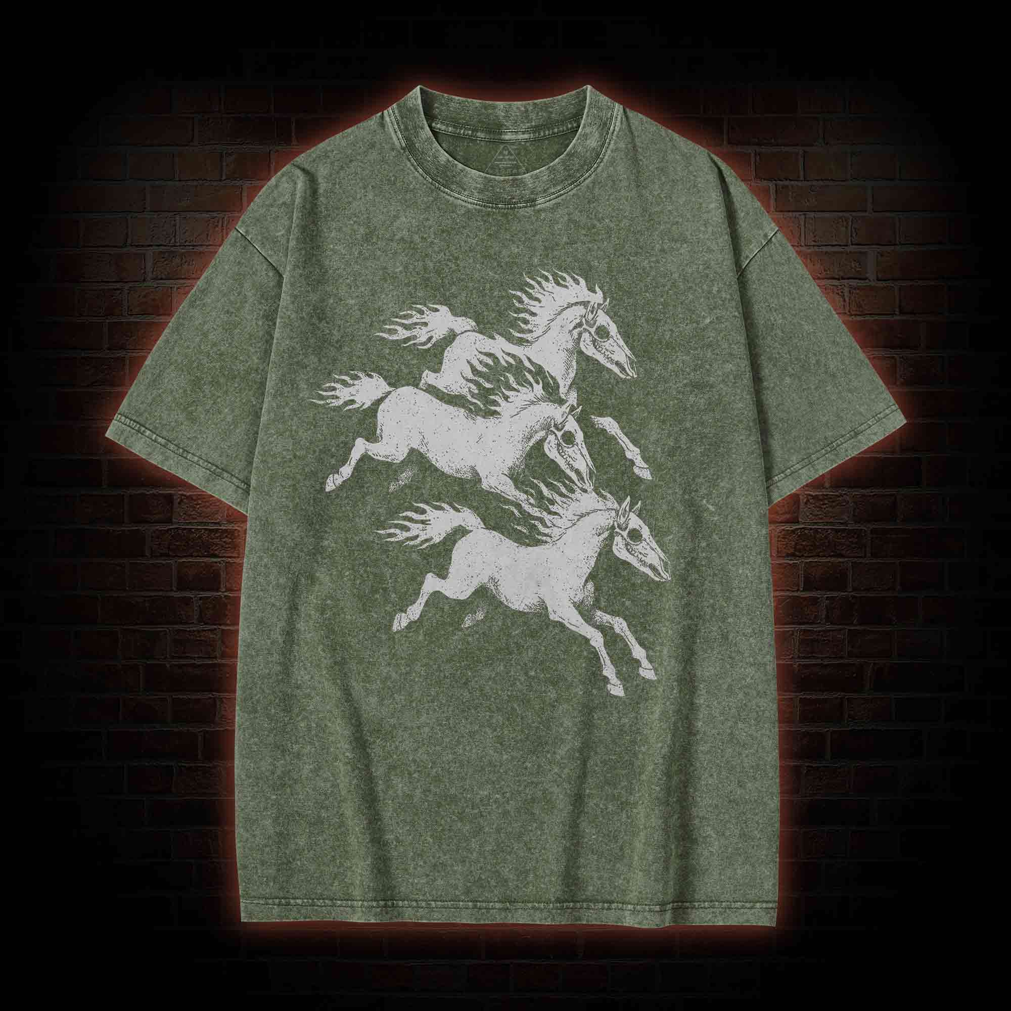 Flaming Skeleton Horses Washed T-shirt