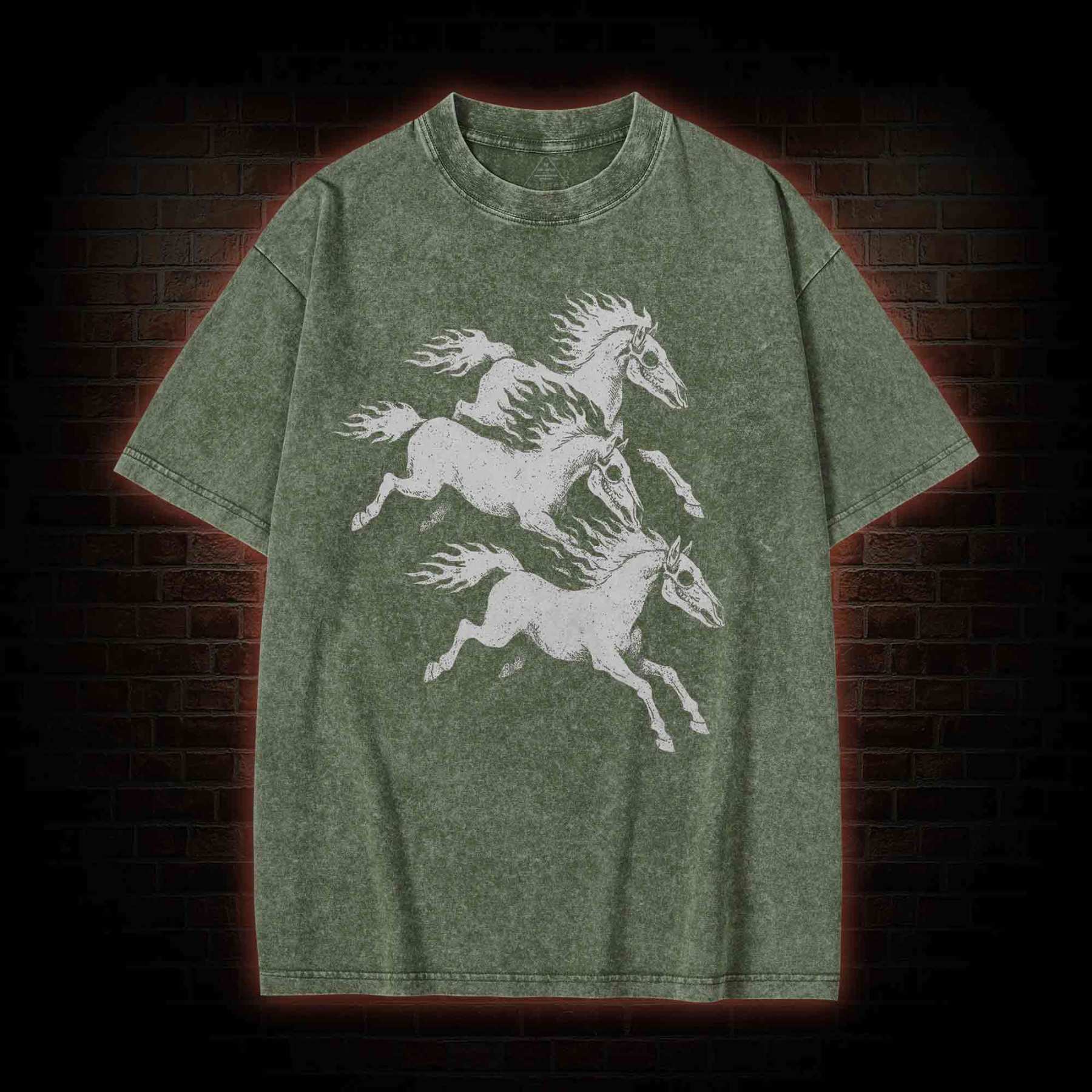 Flaming Skeleton Horses Washed T-shirt