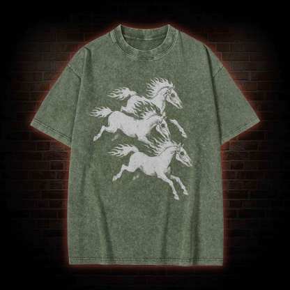 Flaming Skeleton Horses Washed T-shirt