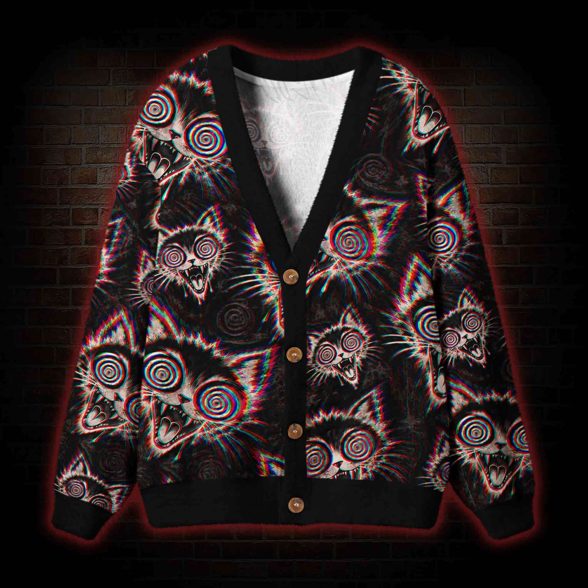 Psychedelic Trippy Cat Cardigan Sweater